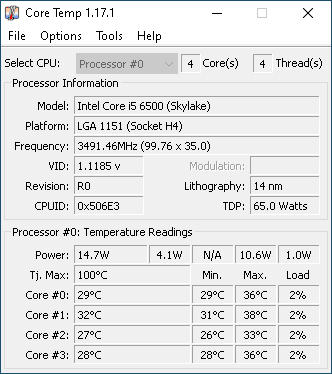 Core Temp main screen